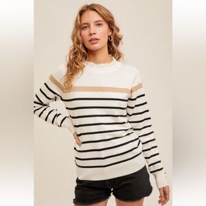 Hem & Thread Striped Pullover Sweater Black White Tan W/Eyelet Ruffle
